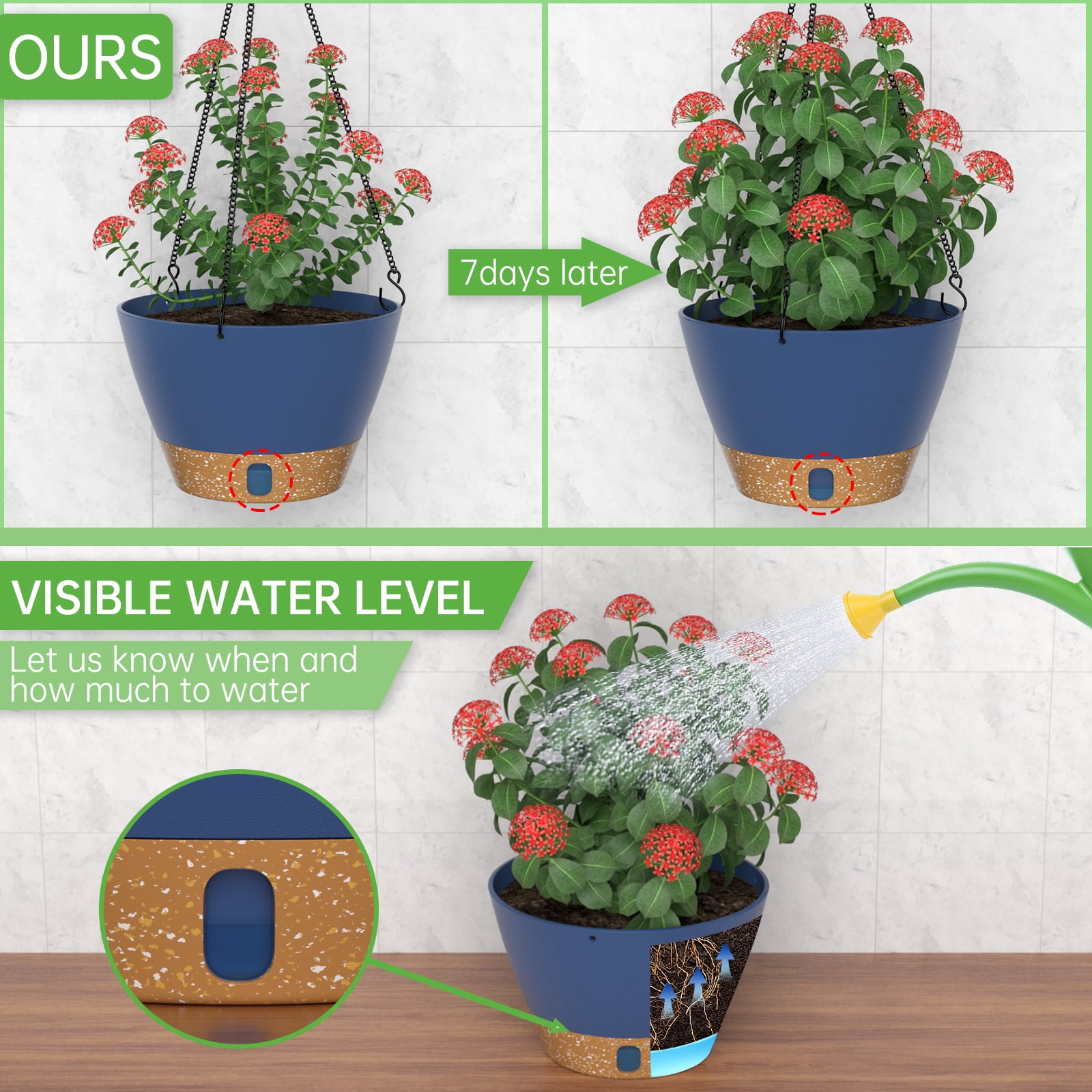 FIASON 2 Pack 10 Inch Blue Self Watering Hanging Planters, Indoor Outdoor Plastic Flower Pots with Visual Water Level Window, Drainage Holes & Chain Hanger for Home Garden Decor
