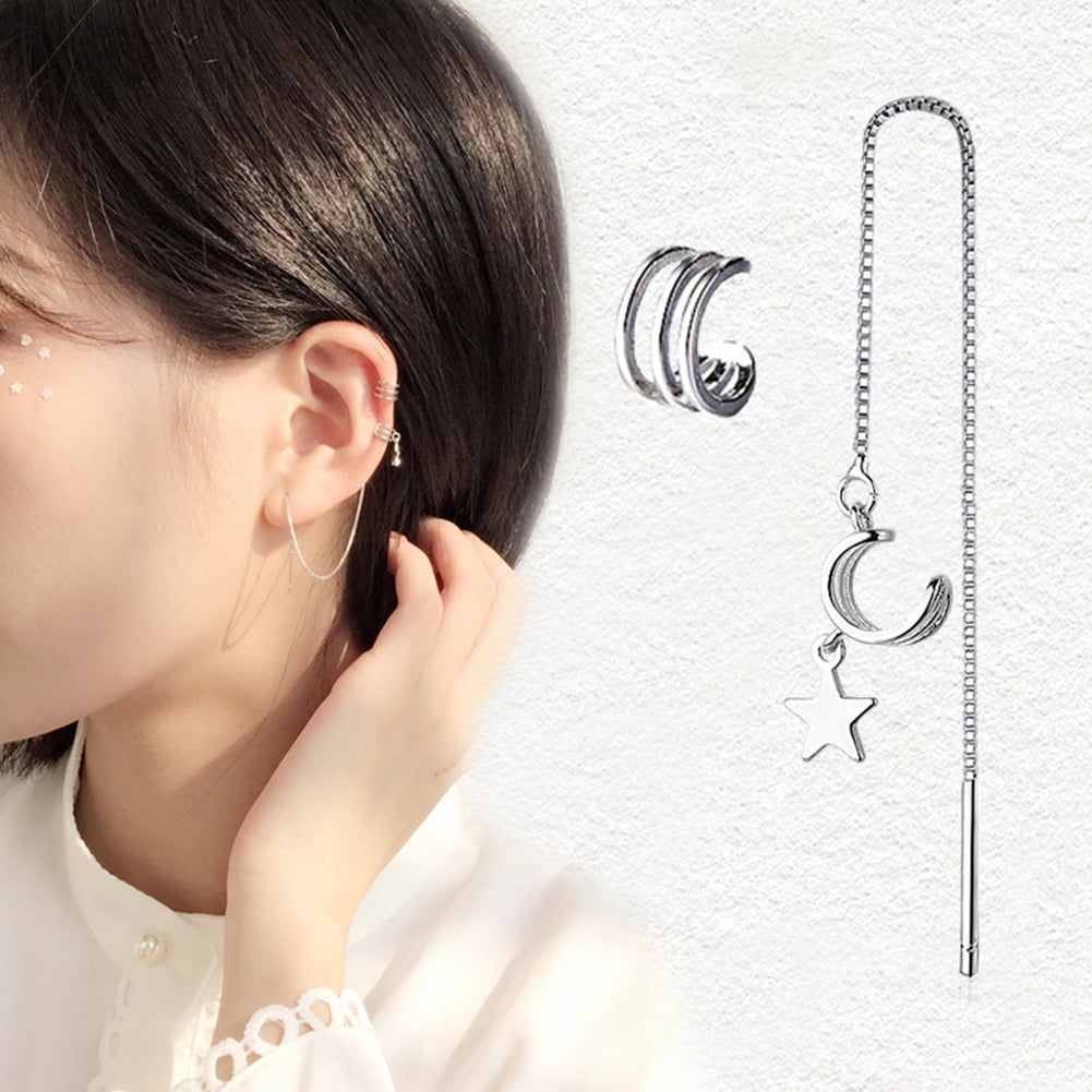 Fashion Charm Asymmetric Silver & Gold Leaf Crystal Ear Cuff Stud Clip Earrings 