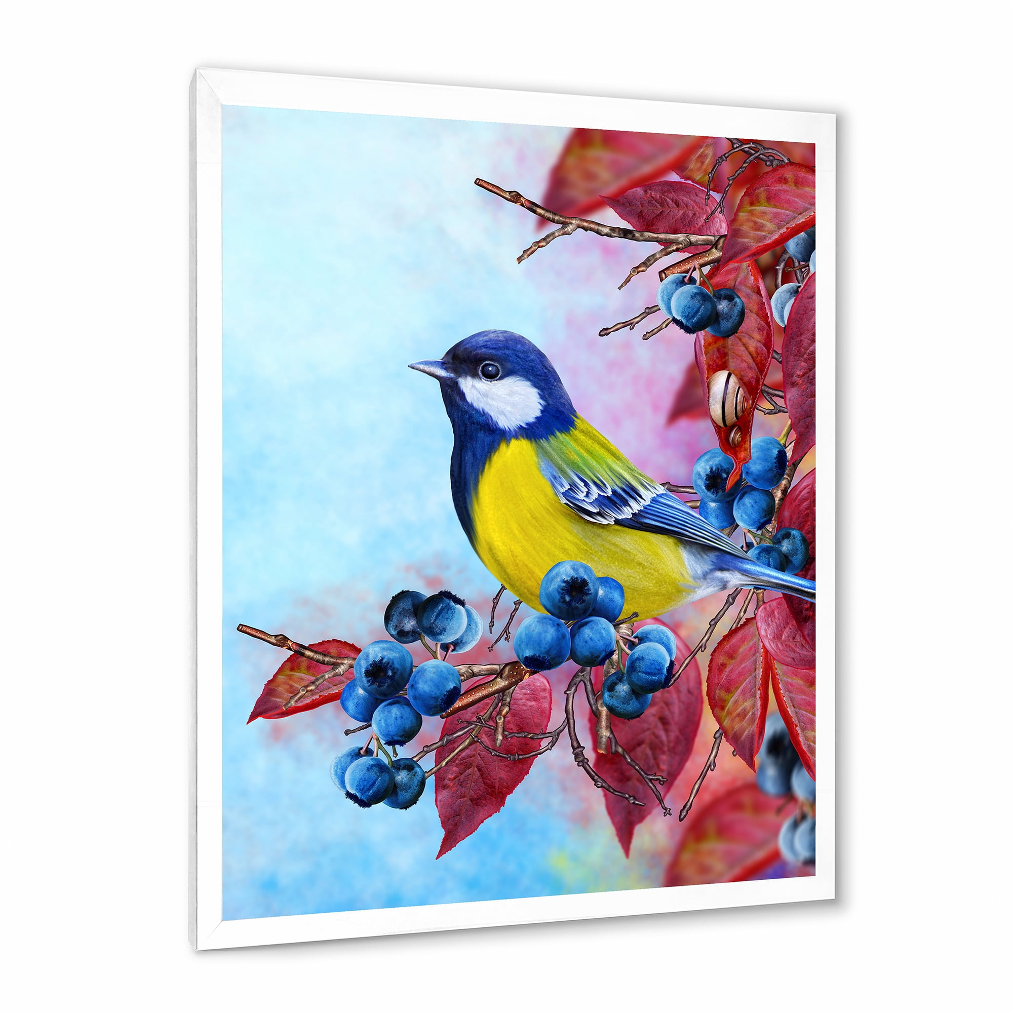 Designart 'Bright Bird Bullfinch Sitting On A Branch of Berries II' Traditional Framed Art Print