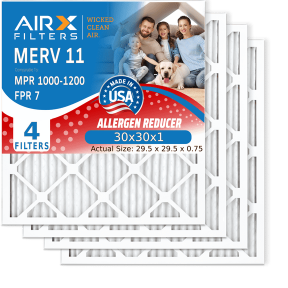 30x30x1 Air Filter MERV 11 Comparable to MPR 1000, MPR 1200 & FPR 7 Electrostatic Pleated Air Conditioner Filter 4 Pack HVAC Premium USA Made 30x30x1 Furnace Filters by AIRX FILTERS WICKED CLEAN AIR.