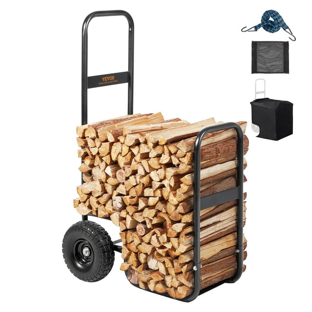 VEVOR Chariot à Bûches de Bois, Capacité de 250 Lb, Support de Rangement pour Bois Extérieur et Intérieur avec Roues en PU et Toile Imperméable, Chariot-Remorqueur en Acier Robuste, Transporteur de Bois pour Foyer, Brasero, Noir