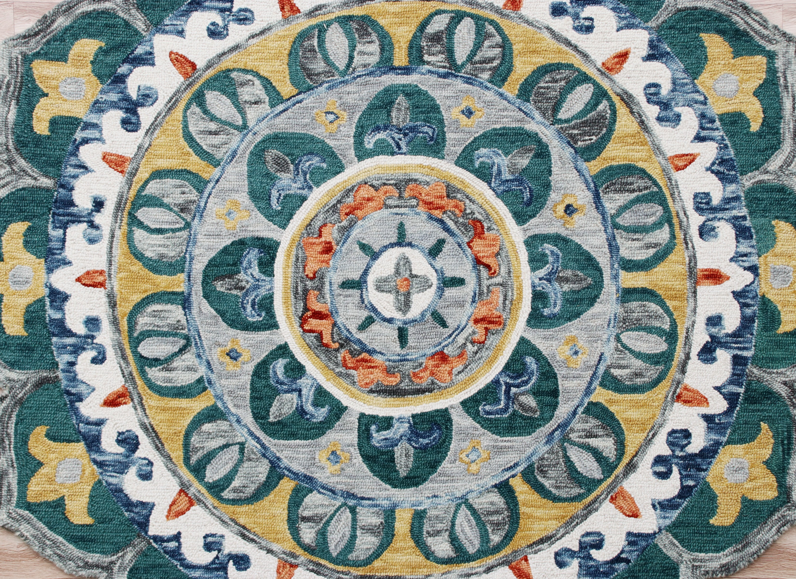 Ox Bay Talia 4' Round Teal/Multi Medallion Wool Indoor Area Rug