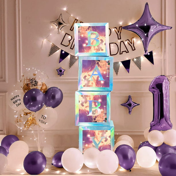 Baby Shower Boxes Party Decorations with Warm White Fairy Lights, 4 PCS Transparent Balloon Boxes Baby Shower Blocks for Girls Boys Shower, Gender Reveal Decorations (Silver) - Walmart.com