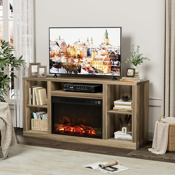 Furniwell Fireplace TV Stand for 65 Inch TV, Media Entertainment Center Console Table with 26" Electric Fireplace, Farmhouse TV Stand with Storage Cabinet for Living Room (Natural)