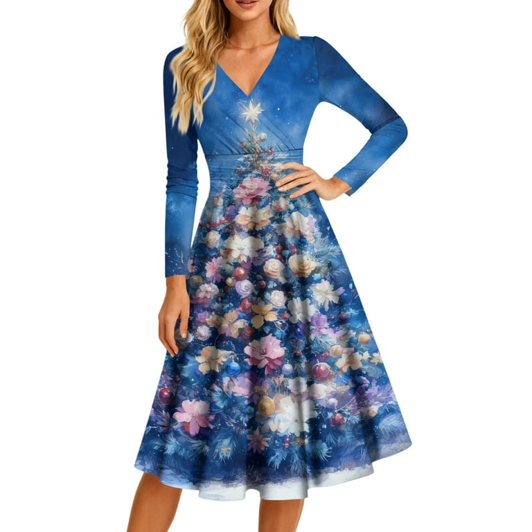 Ladies' Casual And Fashionable Christmas Tree Print Long Sleeved V-Neck  Sexy Pocket Dress, Holiday Print, Retro Style, Party Wear, Comfort,  Festive,Blue,5XL - Walmart.com