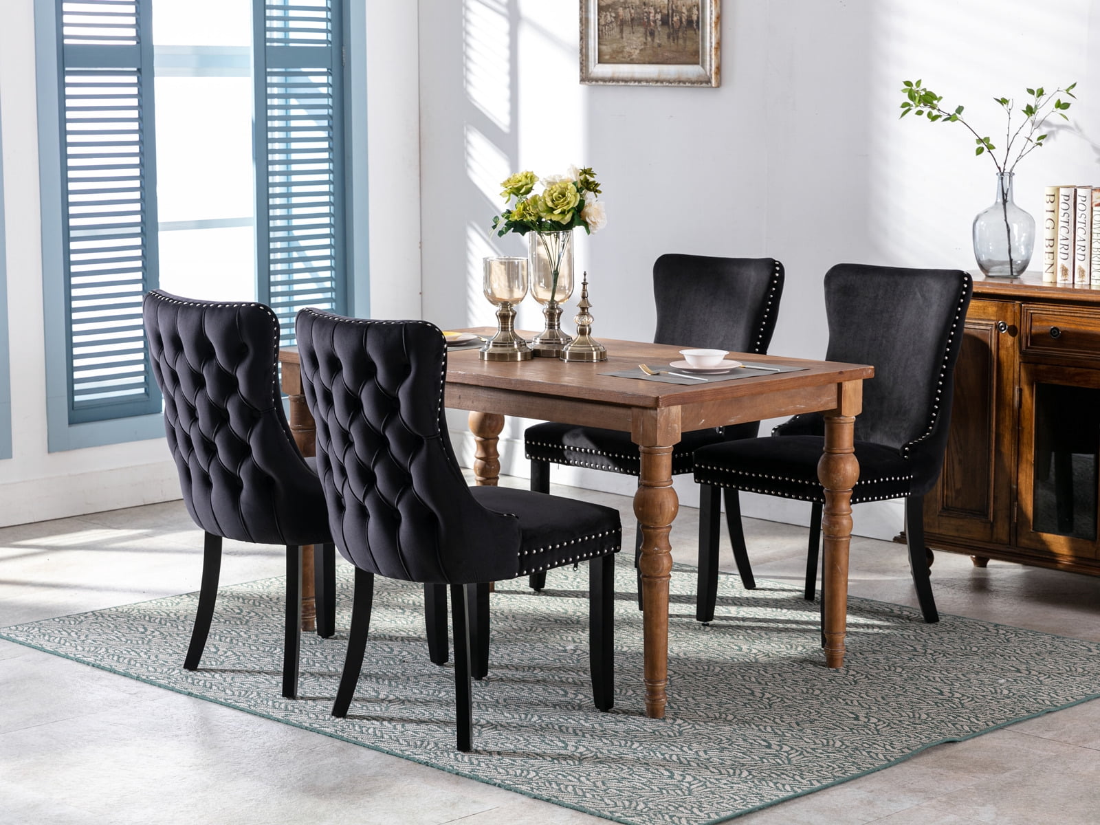 Wing-Back Button Tufted Dining Chairs, High-end Velvet Upholstered Dining Chairs with Nailhead Back and Solid Wood Legs, Solid Wood Dining Chairs for Kitchen Bedroom Dining Room (Black,Set of 8)