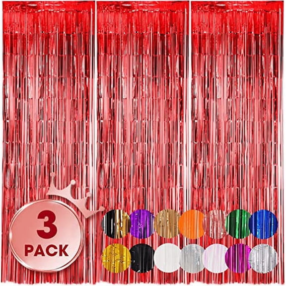 Nvzi-a 3 Pack 3.3x6.6 Feet Red Foil Fringe Backdrop Curtains, Tinsel Streamers Birthday Party Decorations, Fringe Backdrop for Graduation, Baby Shower, Gender Reveal, Disco Party