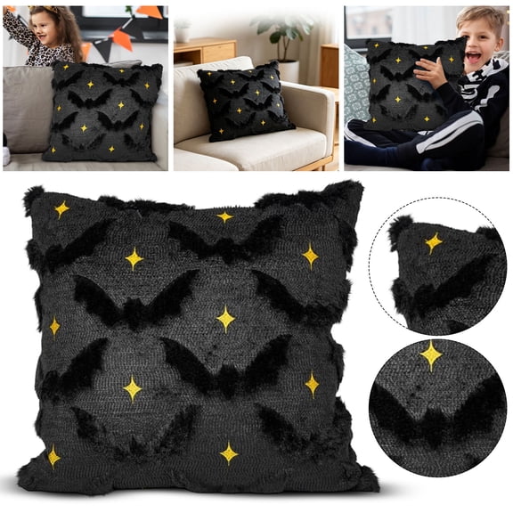 GoLucid Halloween Bat Plush Pillow Cover 17.7"x17.7", Black Fluffy Bat Star Cushion Cover Throw Pillow Case, Sofa Couch Home Decor