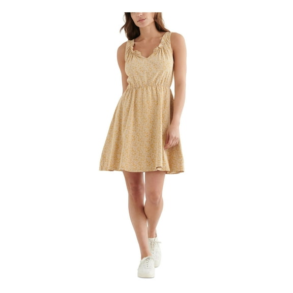LUCKY BRAND Womens Yellow Pocketed Ruffled Elastic Waist Pullover Floral Sleeveless Split Above The Knee Fit   Flare Dress XS