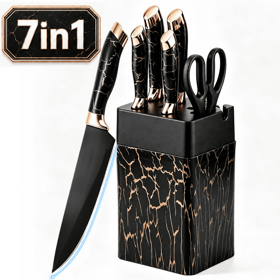 Knife Set, 7-Piece Kitchen Knife Set, Ultra Sharp German-Style Blades, Ergonomic Non-Slip Handle, Dishwasher Safe, Anti-Rust, Space-Saving Knife Block Holder