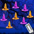 thumbnail image 1 of Halloween Decorations Witch Hat, 8 Pcs Hanging Lighted Glowing Witch Hat Decorations, Halloween Lights String with 8 Lighting Modes, Halloween Party Indoor Outdoor Yard Tree Decorations, 1 of 7