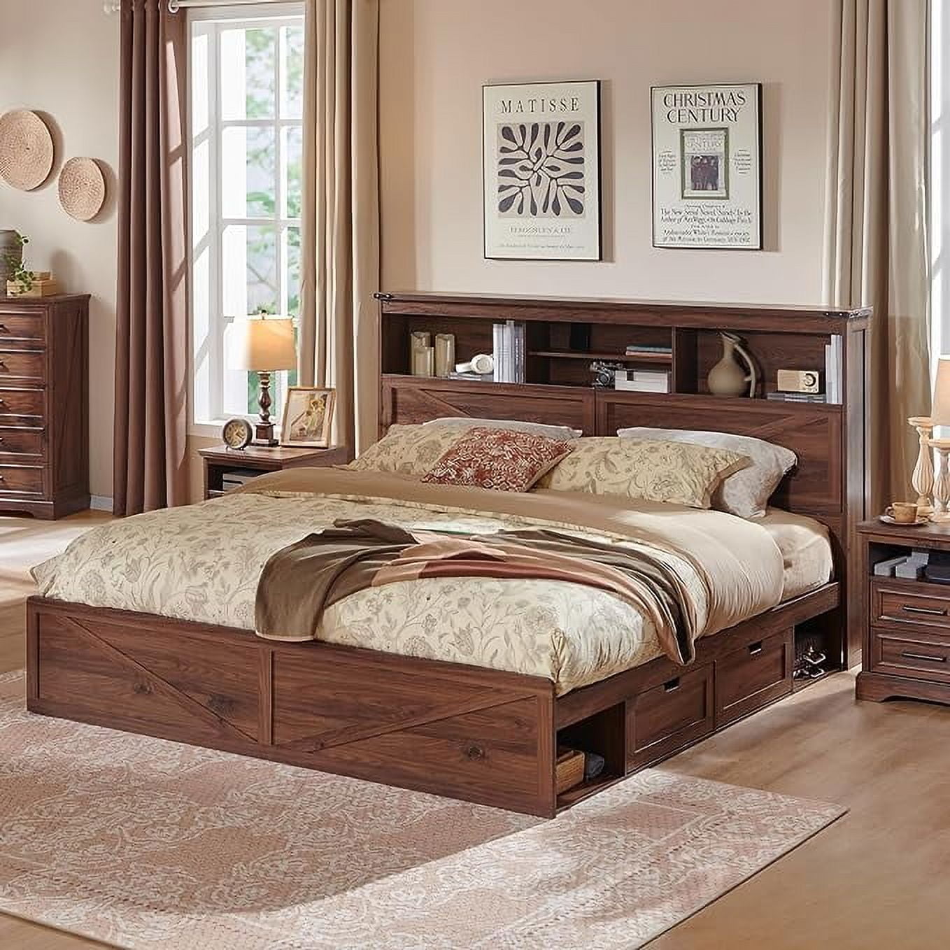 ACCOHOHO Farmhouse King Size Bed with 4 Drawers, Platform Storage Bed Frame with 52" Wooden Bookcase Headboard and LED Light，Brown