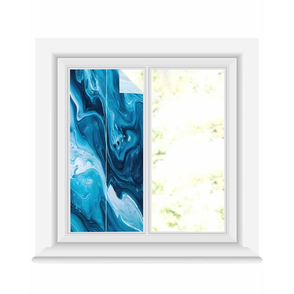 Window Privacy Film Blue Marble Stained Glass Window Film Decorative Sun Block Window Cover Abstract Vintage White Oil Painting Window Clings Static Adhesive Sticker for Bathroom 19.6"x39.3"