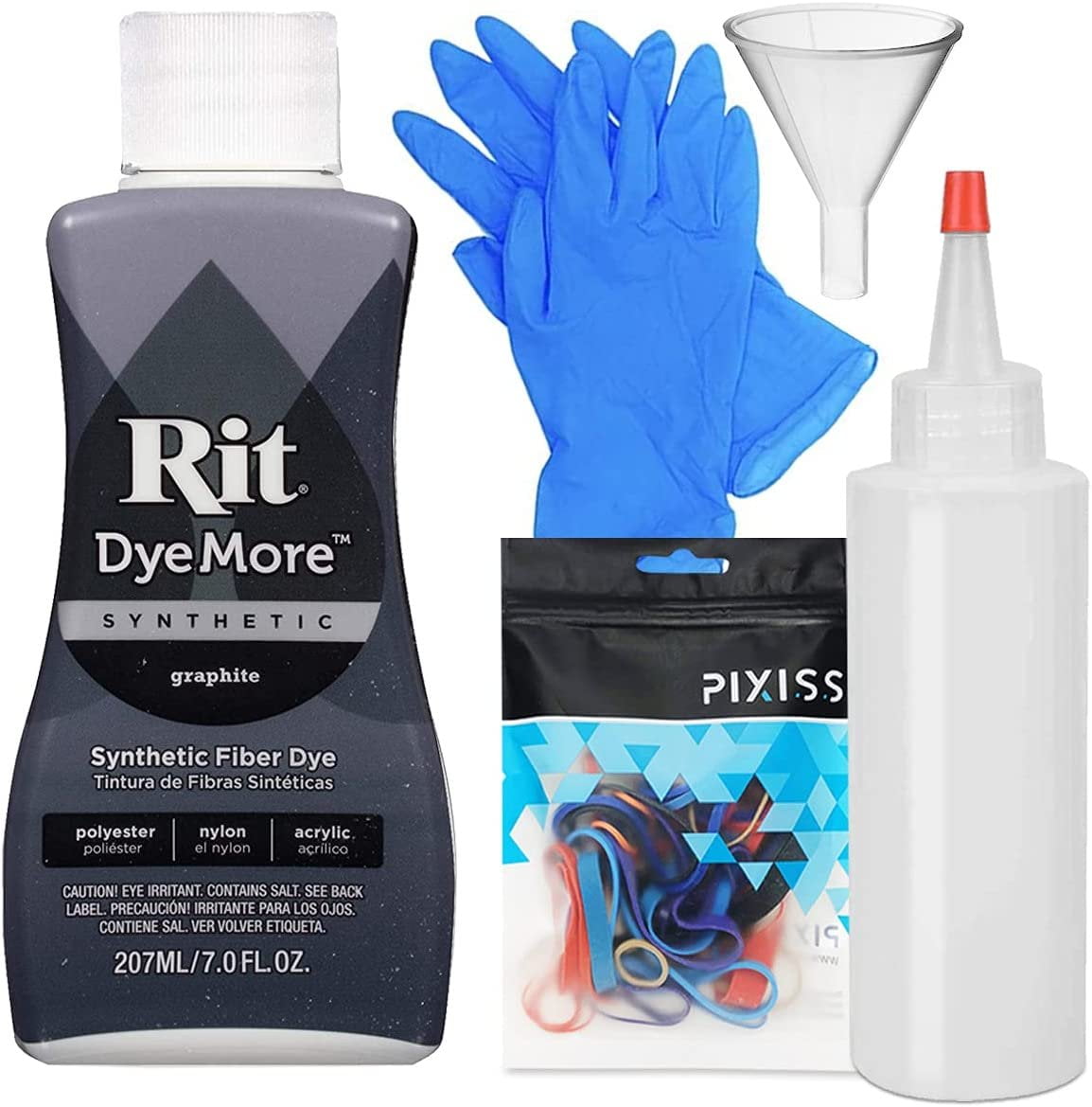 Graphite Rit DyeMore Advanced Liquid Dye for Polyester, Acrylic, Acetate, Nylon and More with Gloves and Rubber Bands
