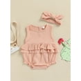 thumbnail image 3 of Musuos Baby Summer 2PCS Romper, 3 6 12 18M Sleeveless Plain Pleated Crew Neck Ruffle Snap Bottom Jumpsuit, Stretchy Bow Headband, 3 of 10