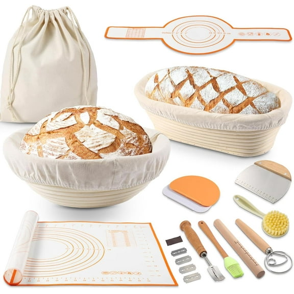 Baking Supplies, Bread Making Tools, Natural Rattan Proofing Bowls Baskets Banneton Basket, Banneton Bread Proofing Basket With liners, 9" Round & 10" Oval Sourdough Starter Kit, Sourdough Bread