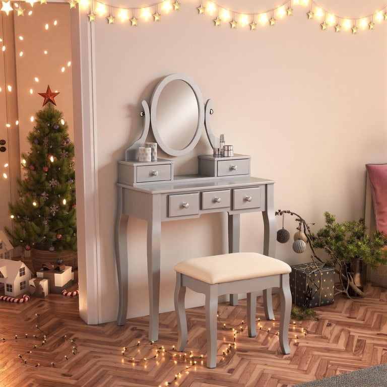 Roundhill Furniture Ashley Wood Make - Up Vanity Table and Stool