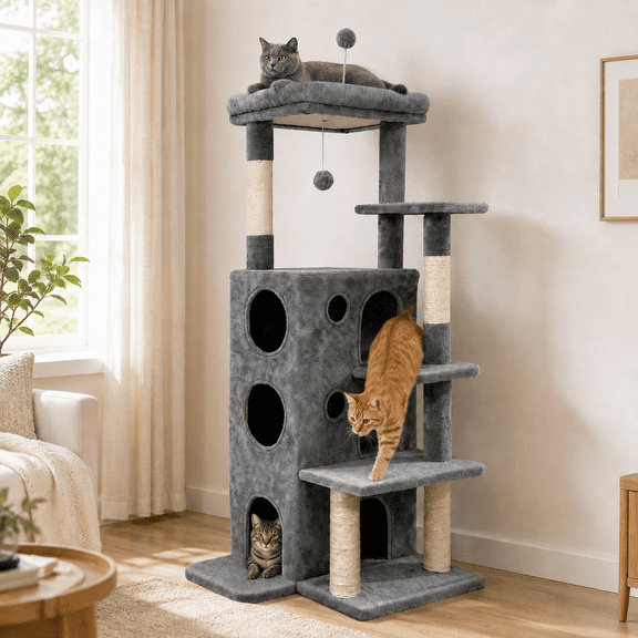 Baohe 50 in Cat Tree Tower with Sisal Scratching Post, Cat Condo with Perch, Grey