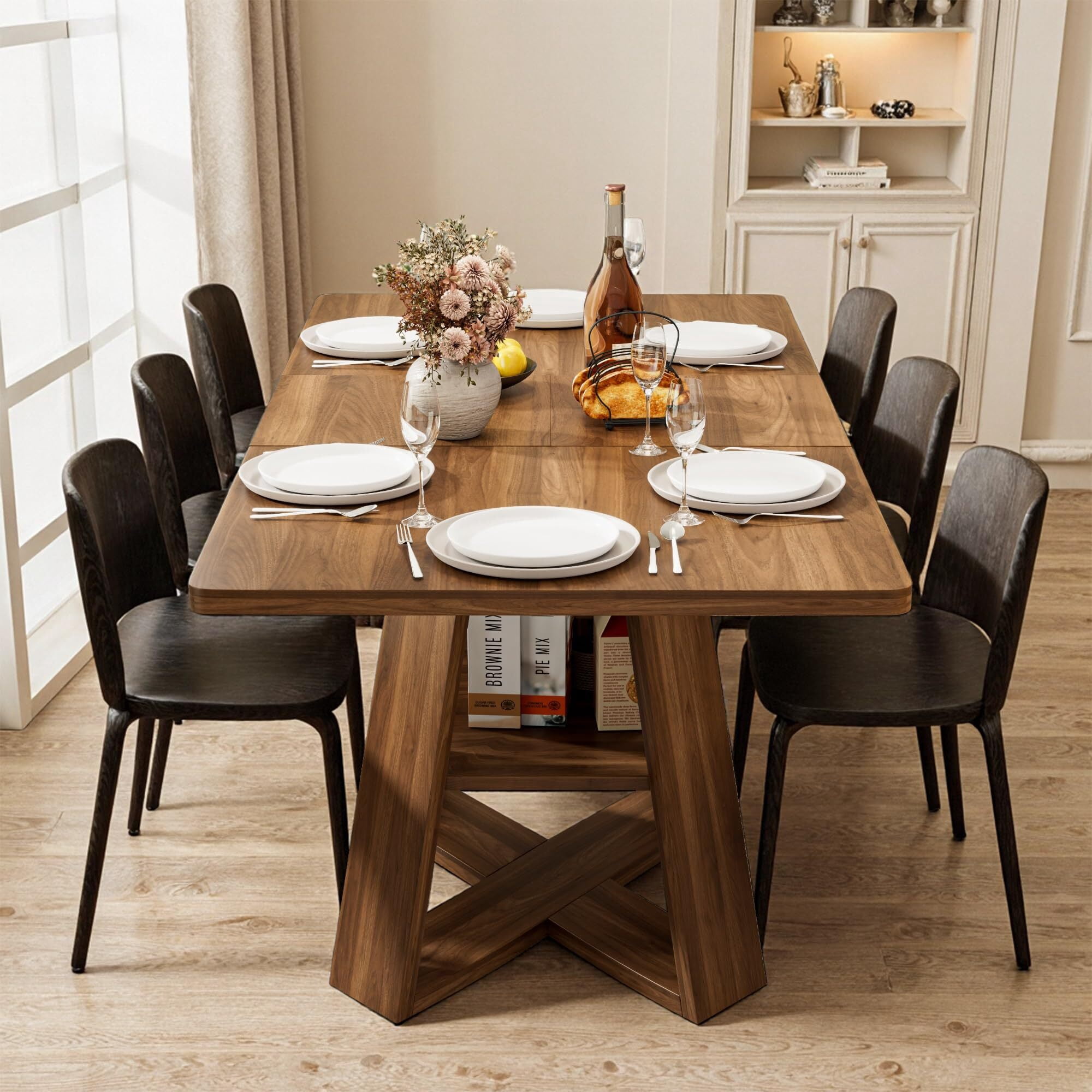 Extendable Dining Table 47.24''-66.92'', Seats 4-6, Rectangle Kitchen Table with Removable Leaves, Storage Shelf, Walnut
