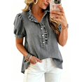 thumbnail image 6 of Womens Summer Shirts Puff Sleeve Button Down Denim Oversized Tshirts for Women Gray L, 6 of 7