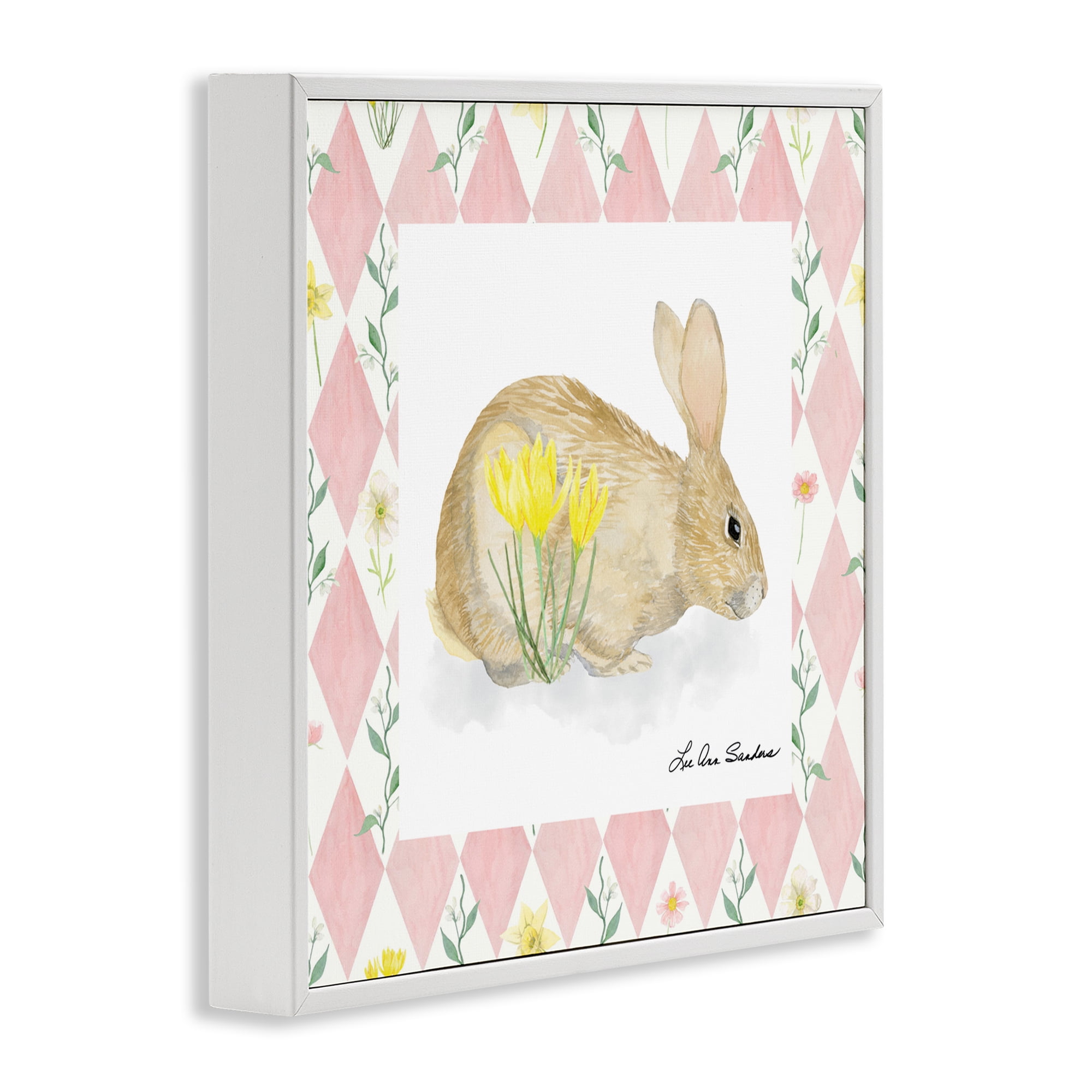 Buttercup Bunny on Pink Argyle White Framed Giclee Art, design by Lee Ann Sanders