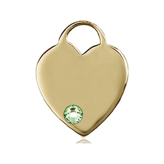 14kt Yellow Gold Heart Medal with 3mm August Green Swarovski Crystal 5/8 x 1/2 inches