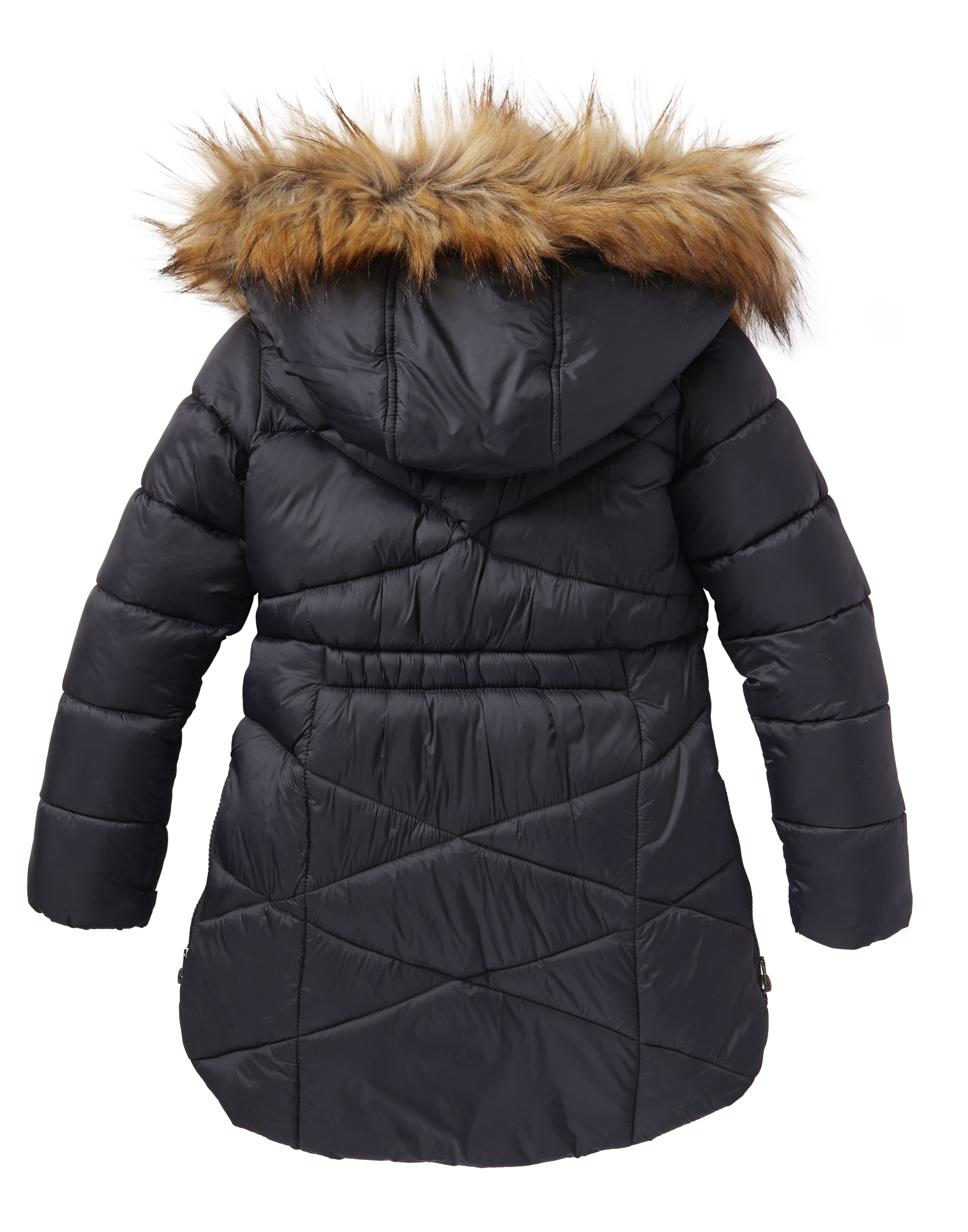 Girls Quilted Fleece Lined Winter Puffer Jacket Coat Faux Fur Trim Zip-Off Hood
