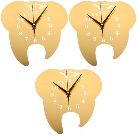 3 Count Tooth-shaped Mirror Wall Clock Modern Dental Clinic Silent Decorative Alarm Office Golden