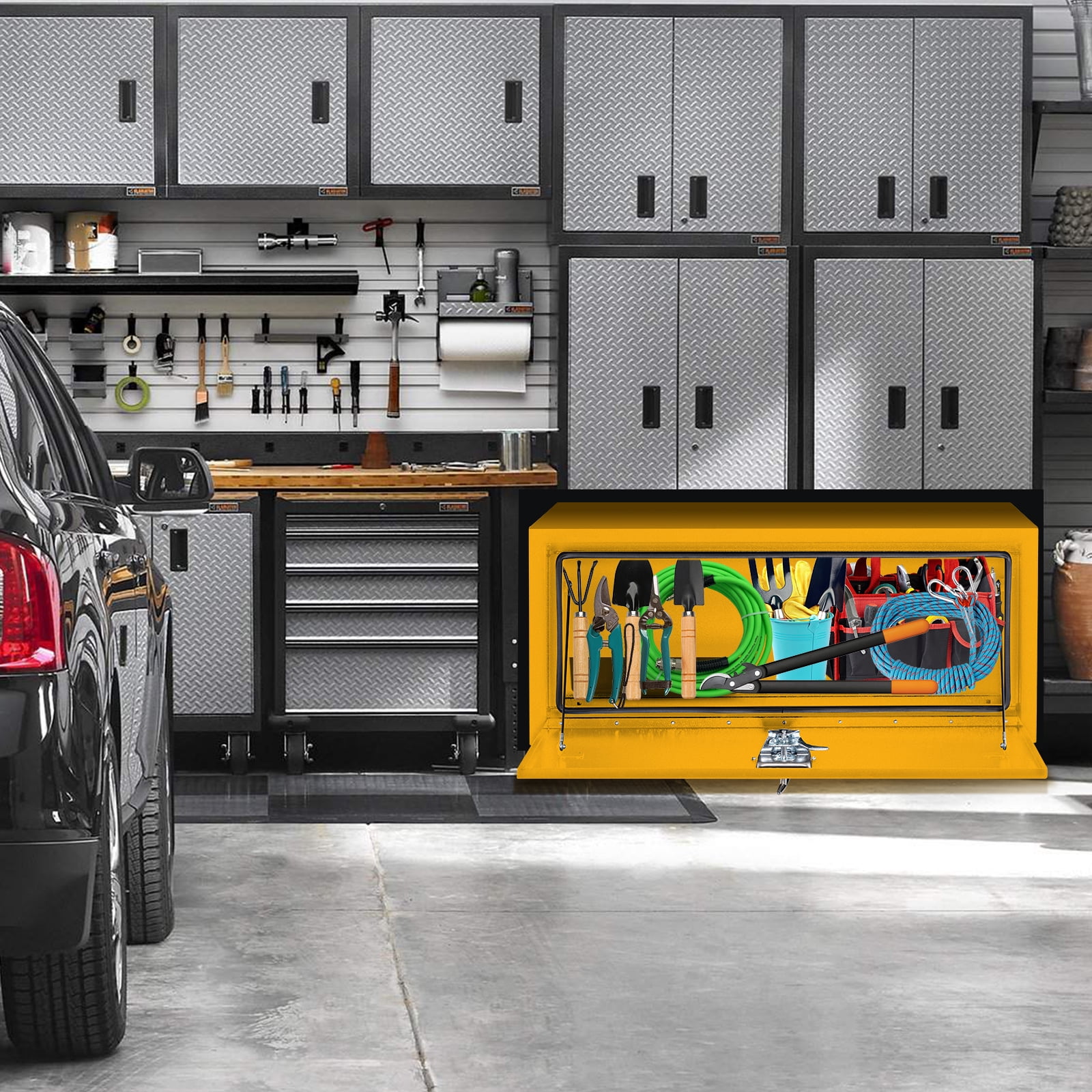 36x14x16 Inch Steel Lockable Waterproof Heavy-Duty Underbody Truck Tool Box for Tools, Under Truck Mounted Space-Saving Design, Yellow