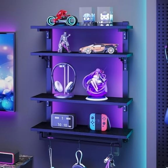 Foldable Gaming Floating Shelves with Adjustable Shelf, 24 Inch Wall Mounted Shelves with Dynamic LED, 4 Tier Wall Mounted Shelves with Towel Bar & 8 Hooks, Cool Wall Display Rack