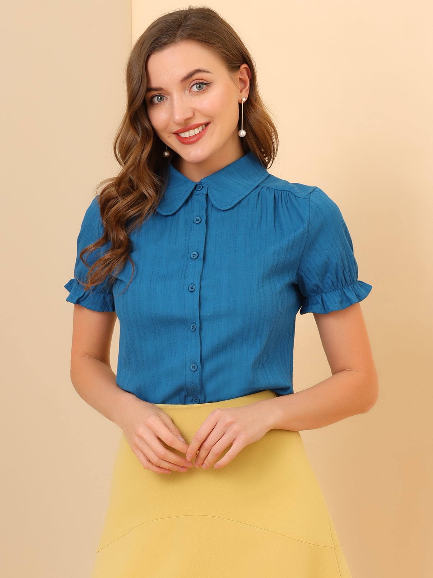 DARING DIVA Women's Cotton Frilled Peter Pan Collar Blouse XL Ocean Blue