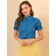 thumbnail image 3 of Blusa de algodón con volantes y cuello vuelto Allegra K para mujer Azul verde XL, 3 of 6