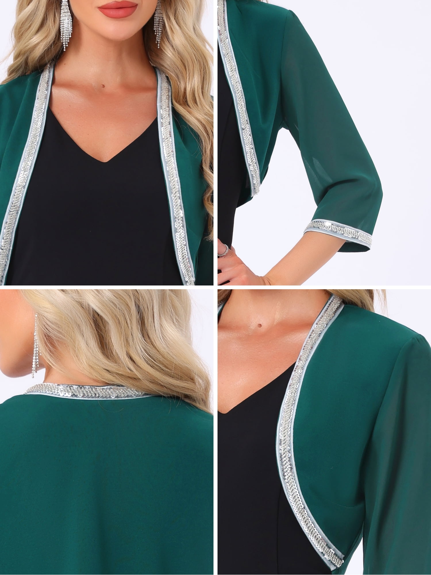 DARING DIVA Women's Sequin Beaded Open Front Evening Shrug M Dark Green