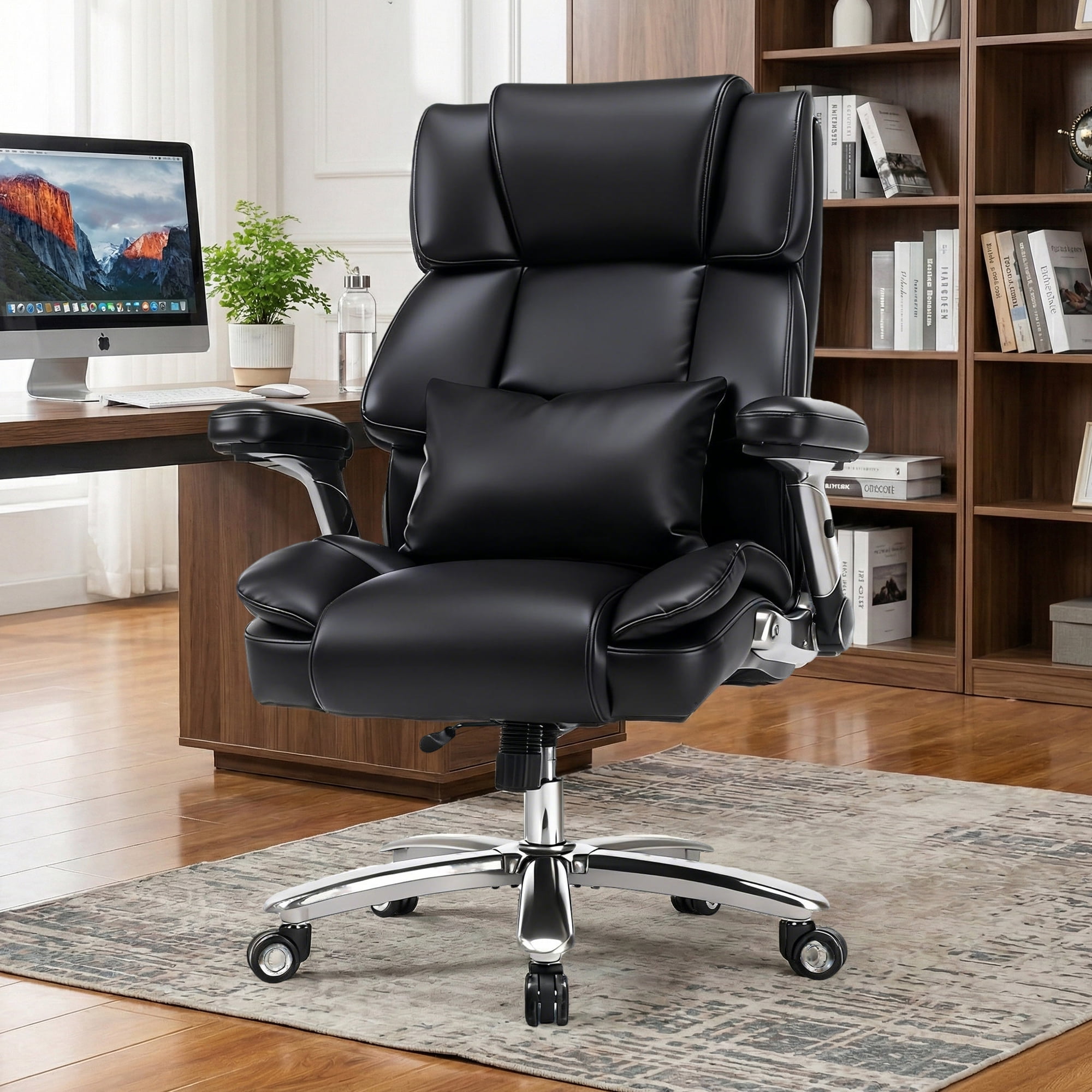 EOP 600LBS Big and Tall Heavy Duty Office Chair, Ergonomic Massage Desk Chair with 4D Adjustable Armrests, PU Leather Executive Chair with Lumbar Support & Quiet Dual Rubber Wheels, Black