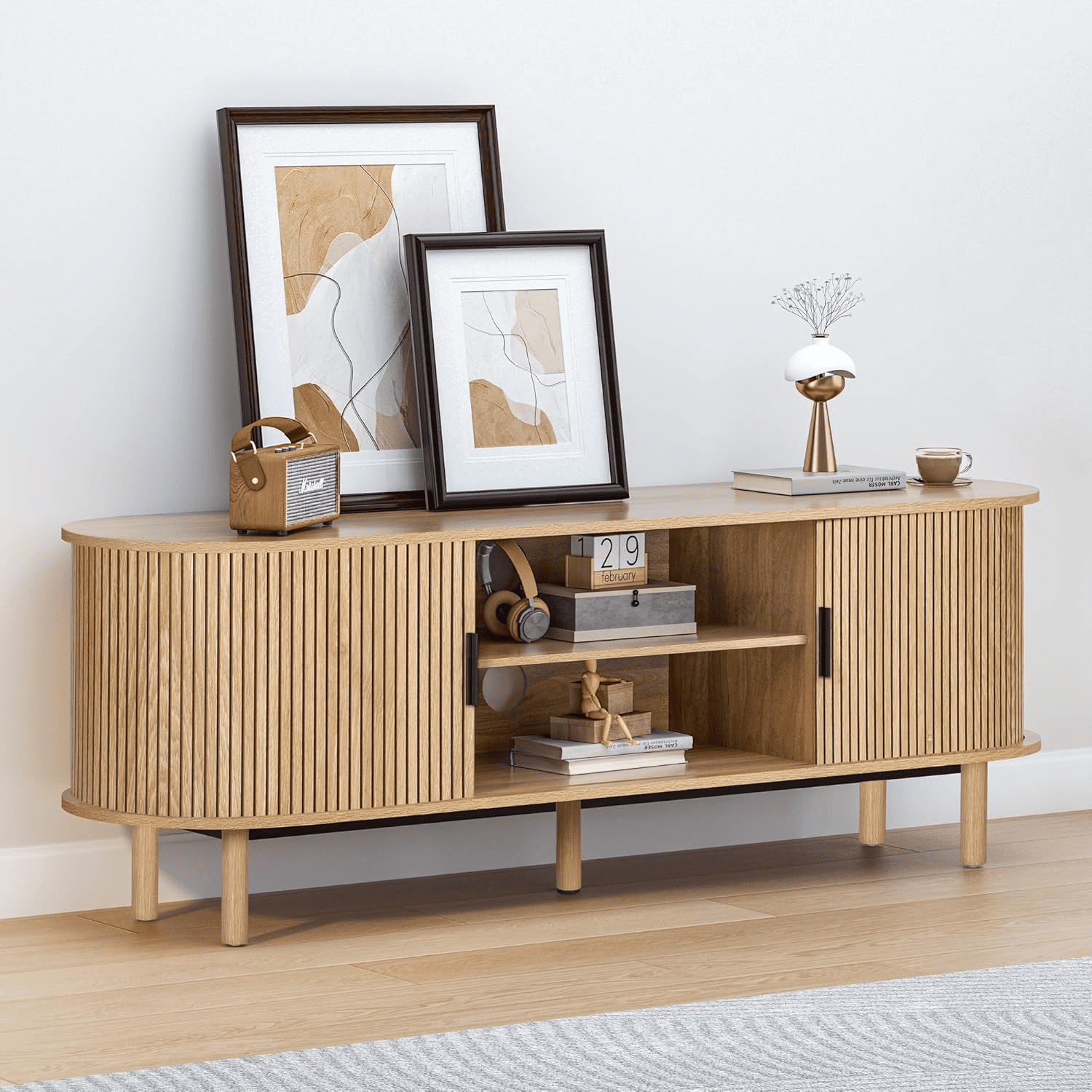 LEFHDA Tambour Door TV Stand, Mid Century Modern TV Cabinet and Entertainment Center, Modern TV Console Table for 65“ TV, Curved Edge Storage Cabinet (54" Oak)