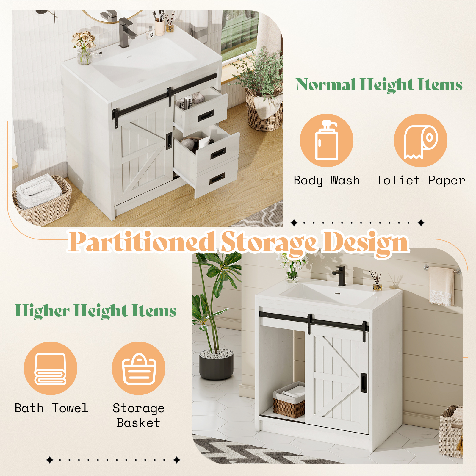 Merluxy 31" Sliding Barn Door Bathroom Vanity with Sink, Farmhouse Small Single Bath Vanity, White