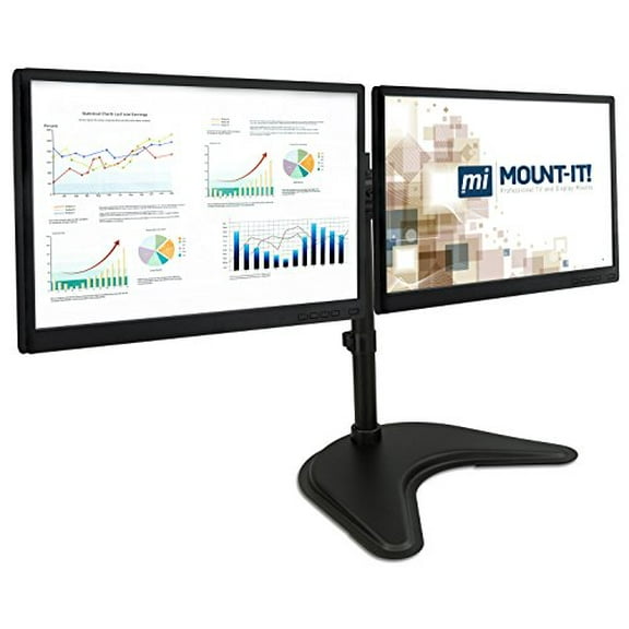 mount-it! dual monitor desk stand lcd mount, adjustable, free standing two computer led displays stand 20, 23, 24, 27 inch screen sizes, black (mi-1781)