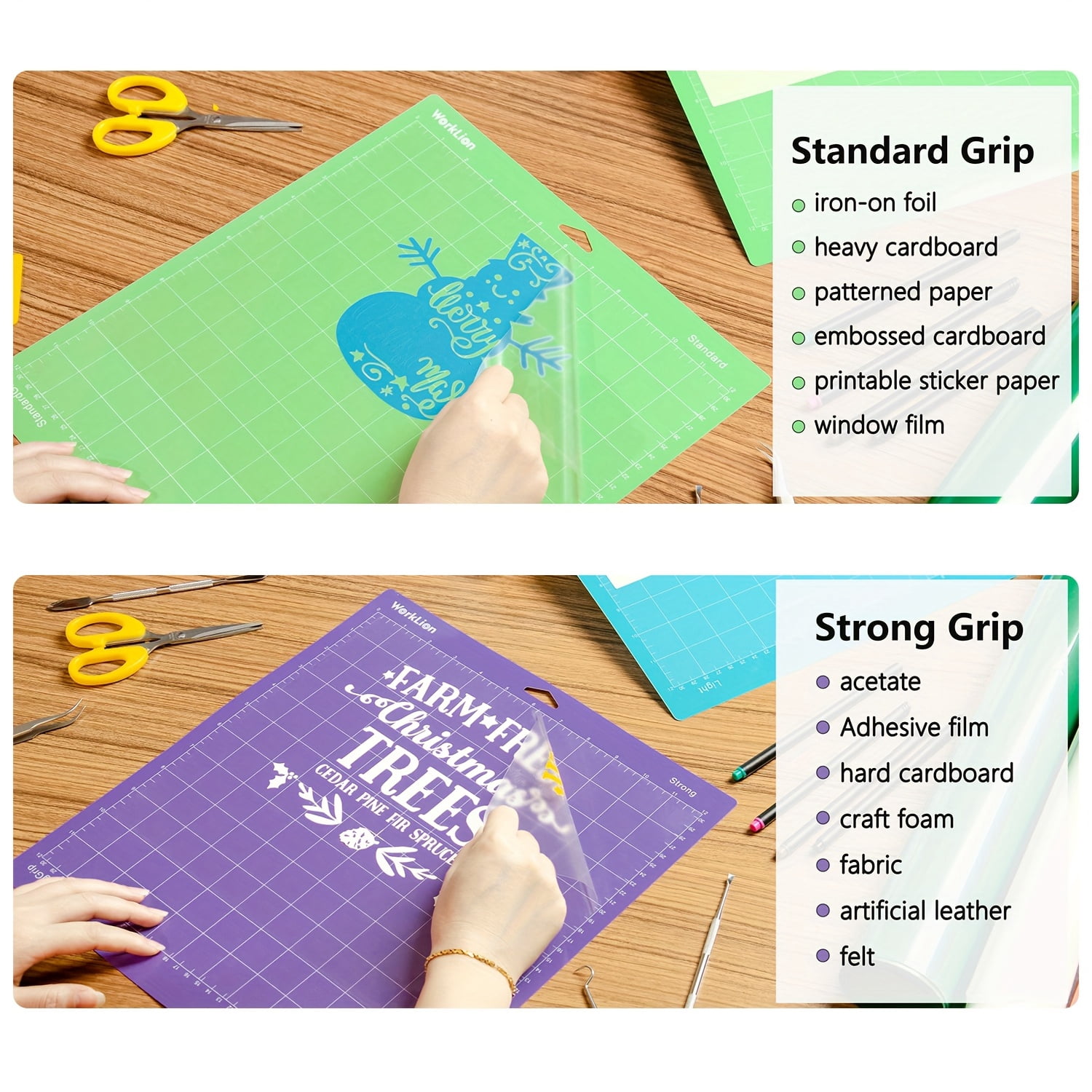 5 Pcs 12x12 Cutting Mat Set, Adhesive Non Slip Craft Cutting Mats with Light Standard Strong Fabric Grip, Grid Alignment Board for Paper Fabric Vinyl DIY Craft Cutting Tools