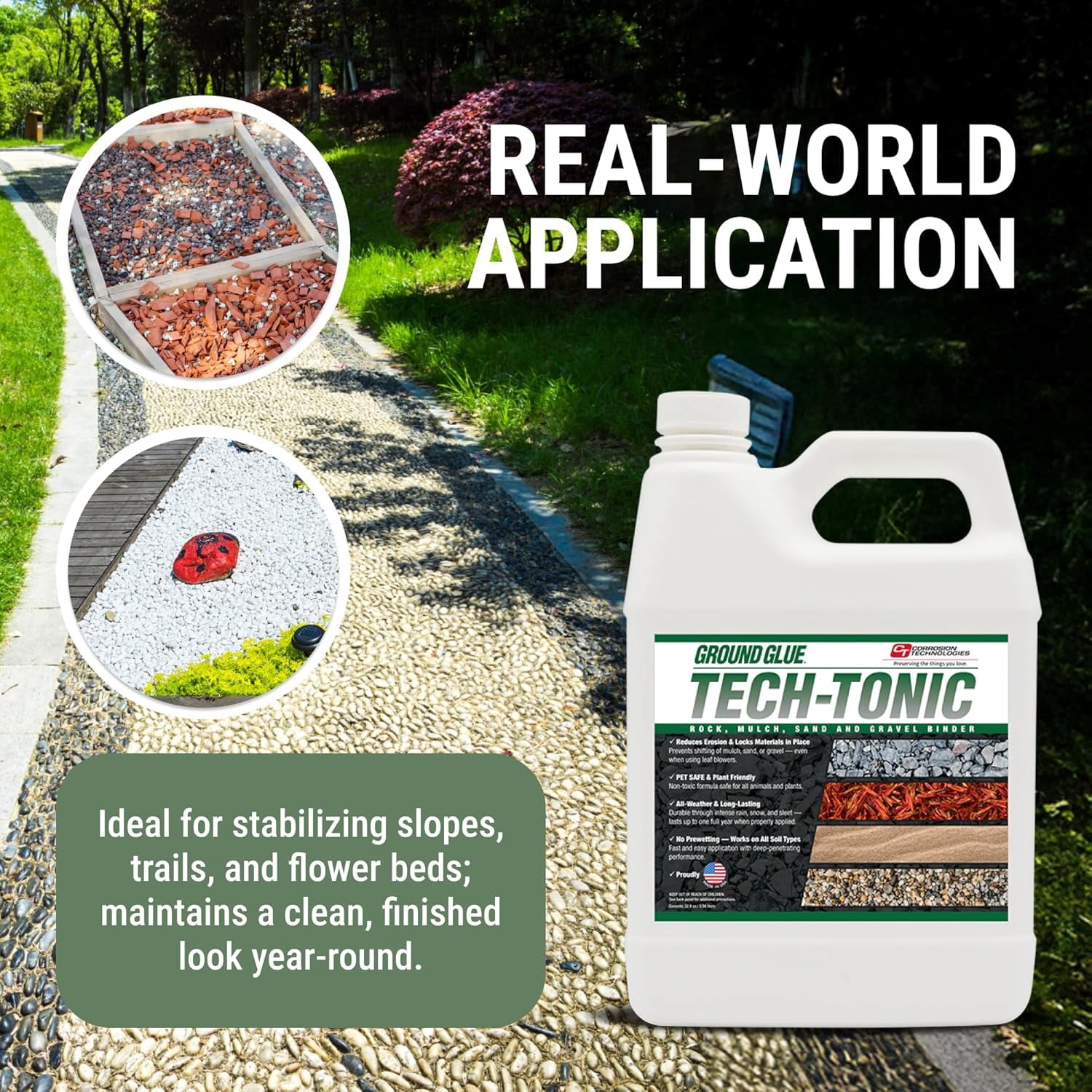 Ground Glue Tech-Tonic Landscape Adhesive for Rock, Mulch, and Sand, Long-Lasting Stabilizer for Trails & Slopes, Pet-Safe binder for, Gravel, Bark & Flower Beds, 32oz