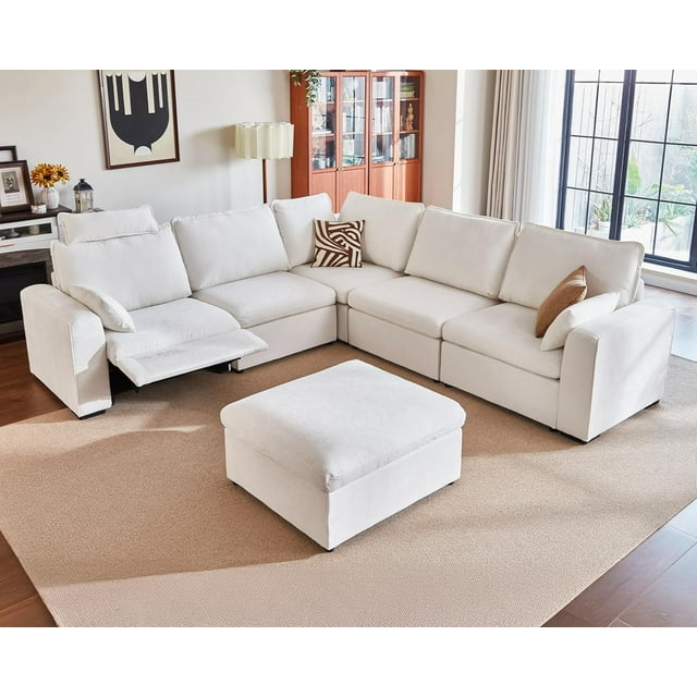 BEDEEP Canapé Inclinable Électrique 120 Pieds' avec Console d'Appui-tête, Canapé Sectionnel en Chenille Moduar Cloud avec Rangement Ottoman Chaise Longue, Canapé Convertible 6 Places pour Salon RV, Blanc