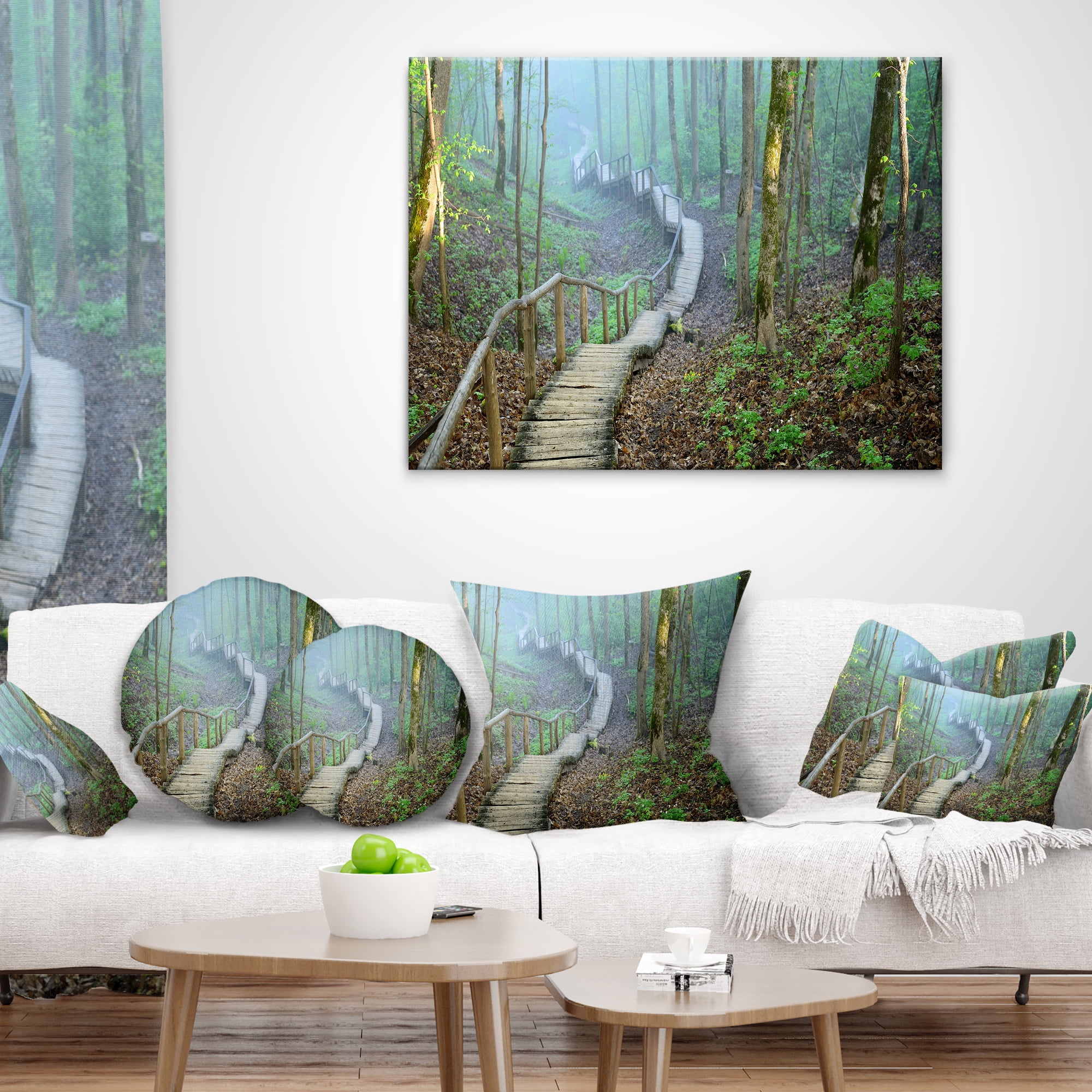 Designart Stairway Leading to Foggy Forest - Landscape Photography Throw Pillow - 16x16