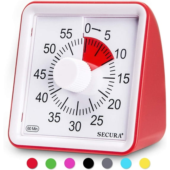 Secura 60-Minute Visual Timer, Classroom Countdown Clock, Silent Timer for Kids and Adults, Time Management Tool for Teaching (Red)
