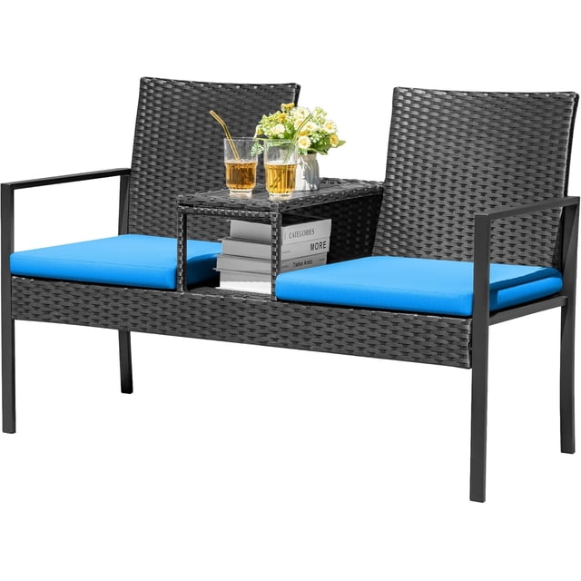 WLXIANG Patio Conversation Sets Outdoor Loveseat with Built-in Table & Cushions Wicker Patio Furniture Porch Chairs Bench for Lawn, Backyard, Balcony (Blue)