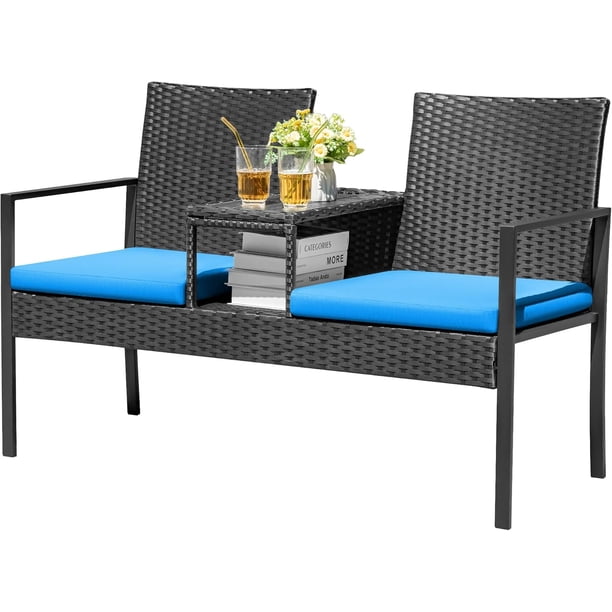 WLXIANG Patio Conversation Sets Outdoor Loveseat with Built-in Table & Cushions Wicker Patio Furniture Porch Chairs Bench for Lawn, Backyard, Balcony (Blue)