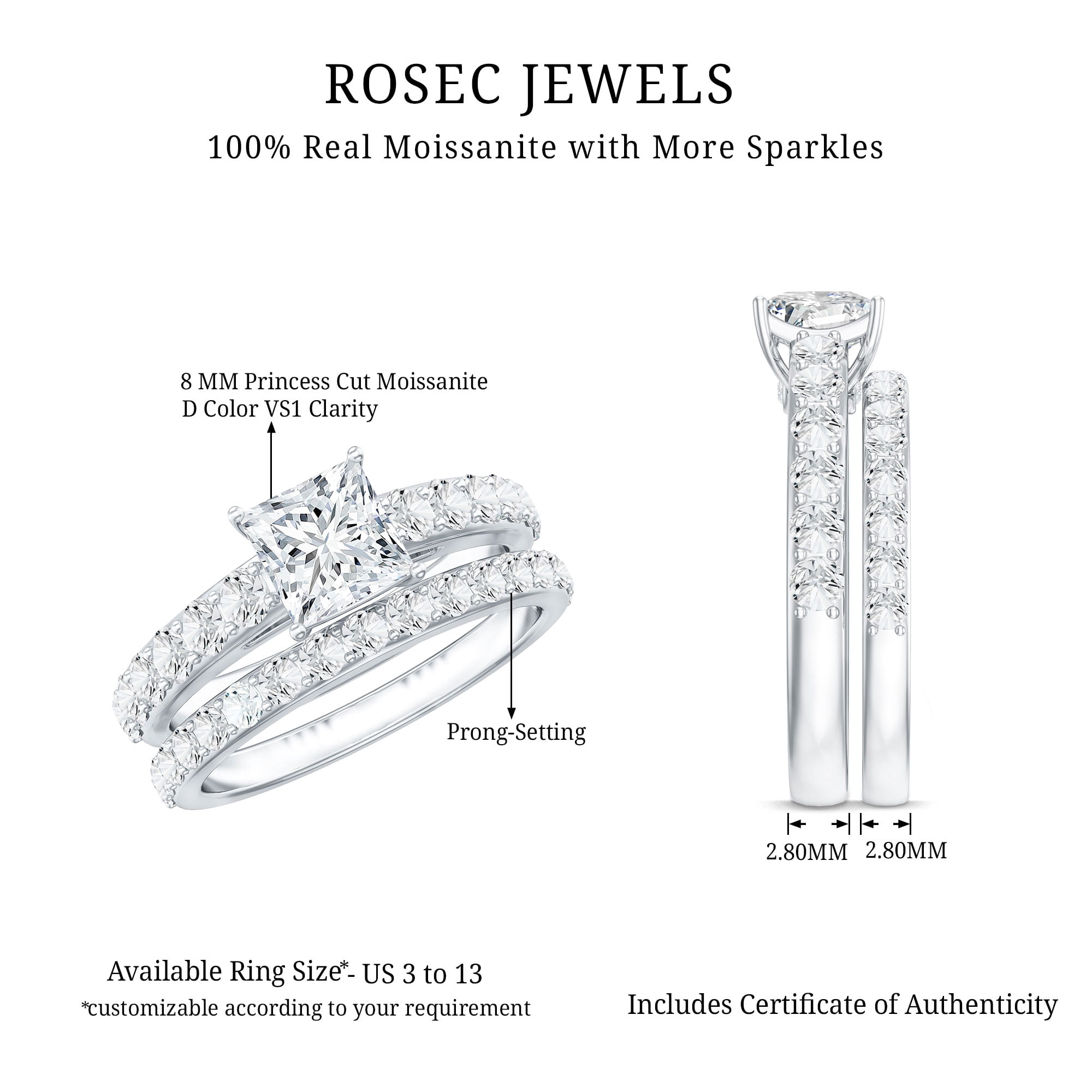 Rosec Jewels Princess Cut Moissanite Wedding Ring Set for Women - D-VS1 Quality - Moissanite Engagement Ring with Enhancer, 14K White Gold, US 9.50