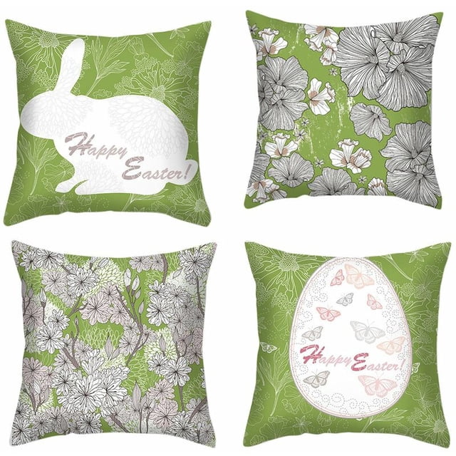 4 piezas de funda de cojín con estampado de conejito de Pascua, funda de almohada para sofá, fundas de almohada para decoración del hogar de 45 x 45 cm, verde y blanco