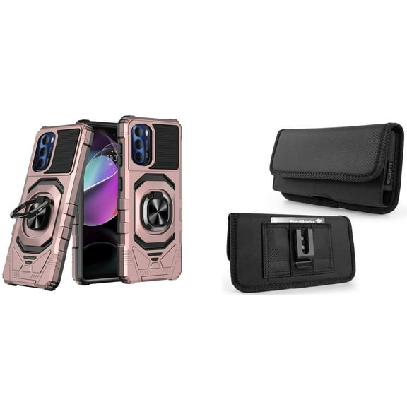 Case with Belt Holster Bundle for Moto G 5G 2022: Heavy Duty Shield Cover (Rose Gold) and Horizontal Rugged Nylon Phone Pouch