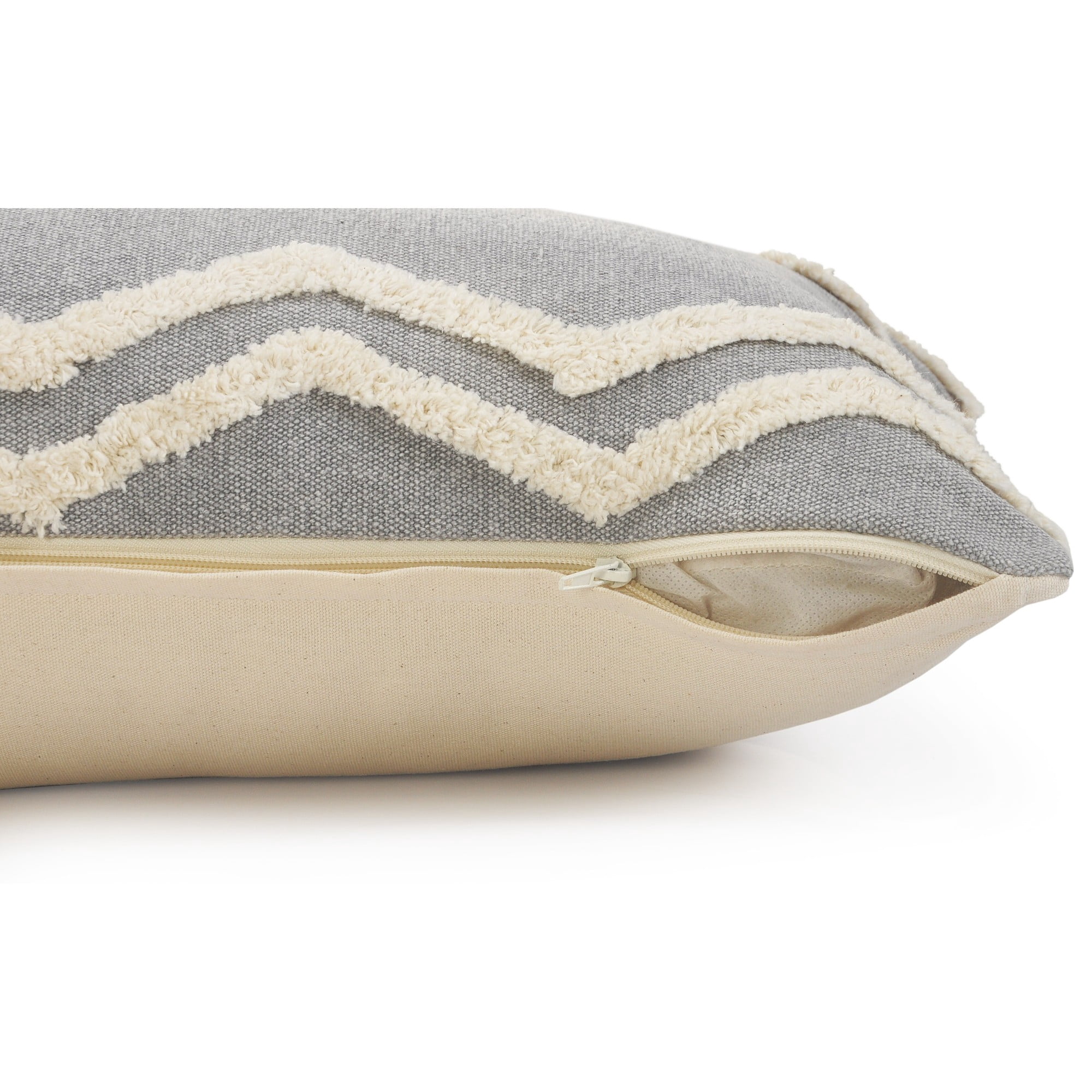 Laddha Home Designs Loomed Tufted Chevron Cotton Lumbar Pillow Cover - 36" - Gray and Cream