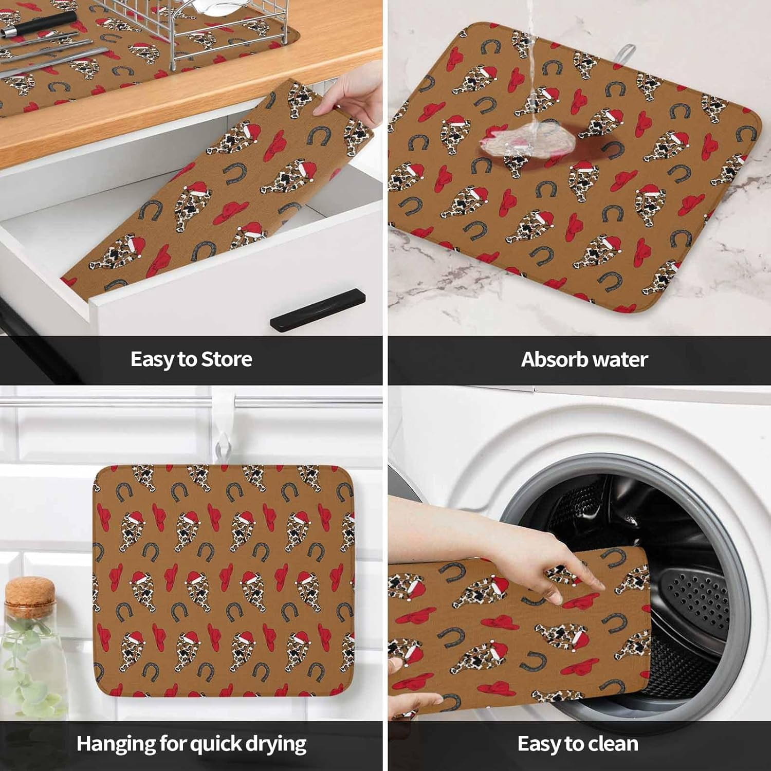 Cowboy Christmas Dish Drying Mat for Kitchen Counter, Western Brown Cactus Xmas Red Baby Bottle Microfiber Drying Pad, Absorbent Coffee Cup Dishes Drainer Mats 16"x18", 2 Pcs