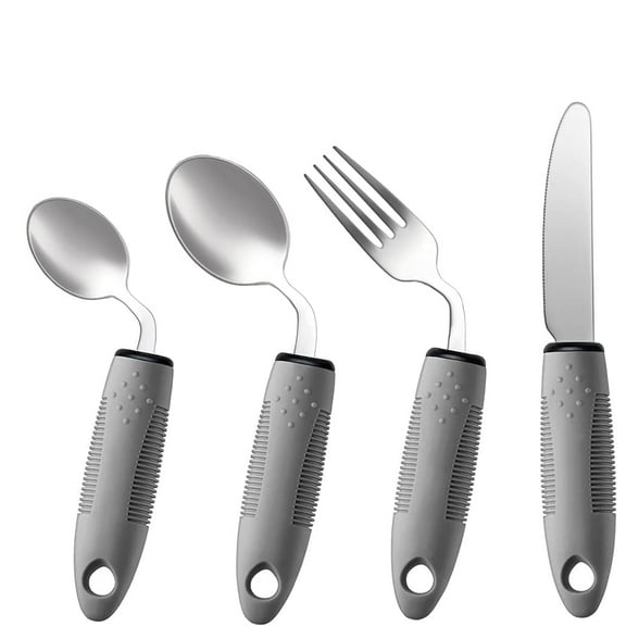 Triani 4Pcs Adaptive Utensil Set 42° Angled Parkinsons Utensils Easy Grip Weighted Silverware for Hand Tremors and Parkinsons Patients(Right-Handed)
